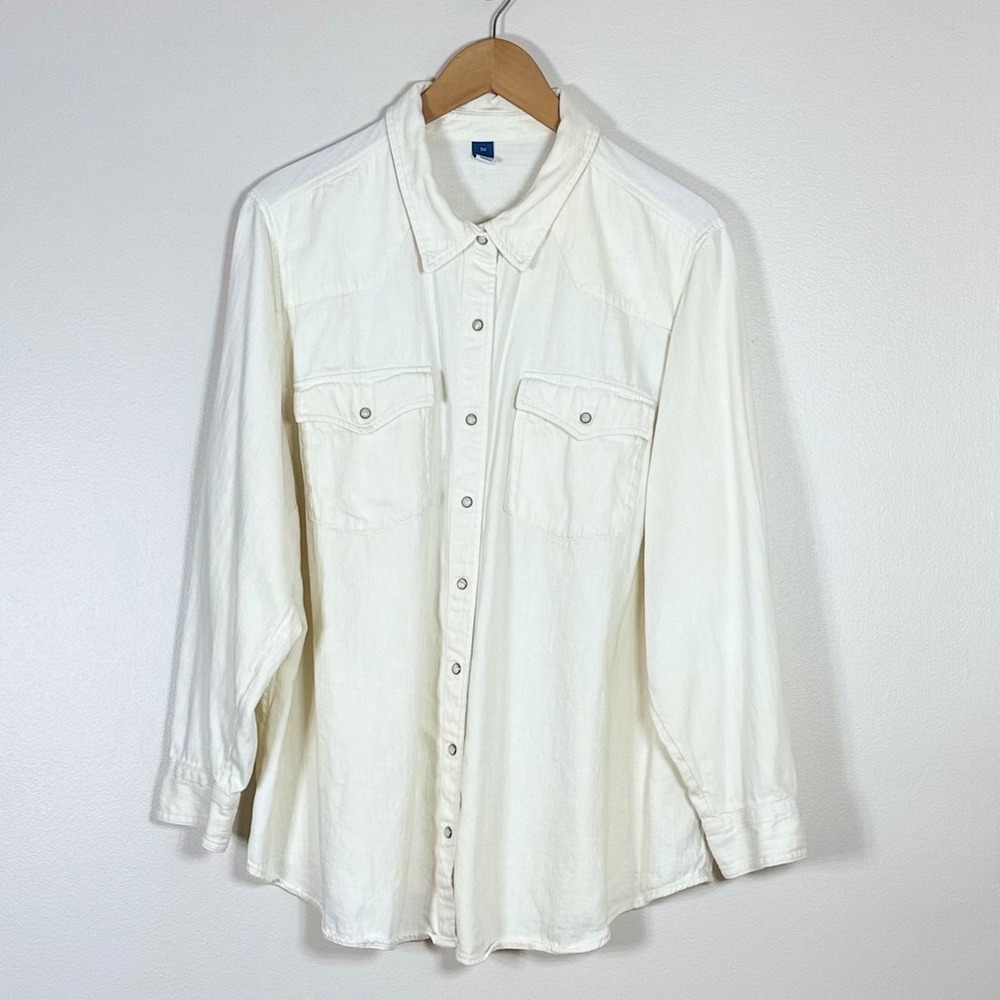 Old Navy Womens Western Denim Pearl Snap Front Shirt 3X Long Sleeve Ivory Cotton